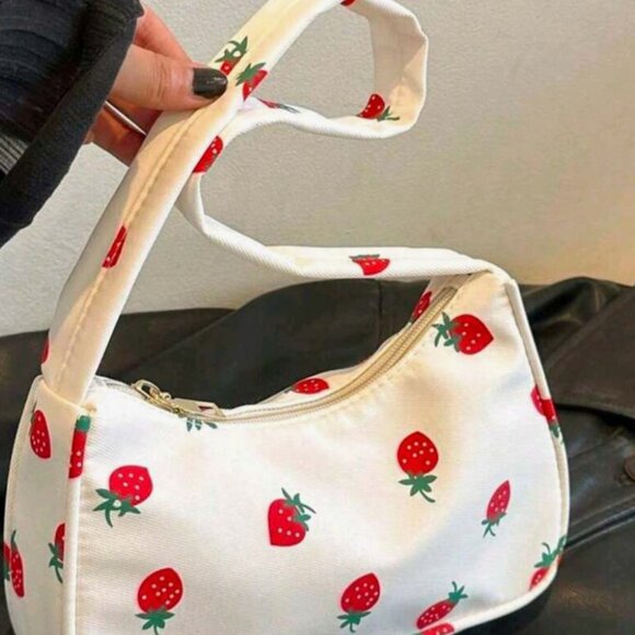 Handbags - White Shoulder Bag with Red Strawberry Print 🍓